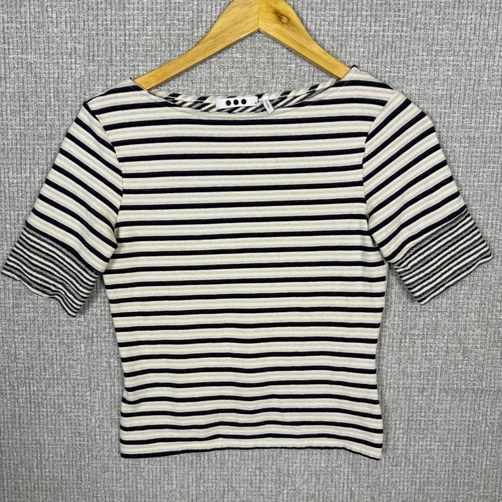 Three Dots Sz XS Striped Boat Neck Short Sleeve Shirt Nautical Criss Cross Black